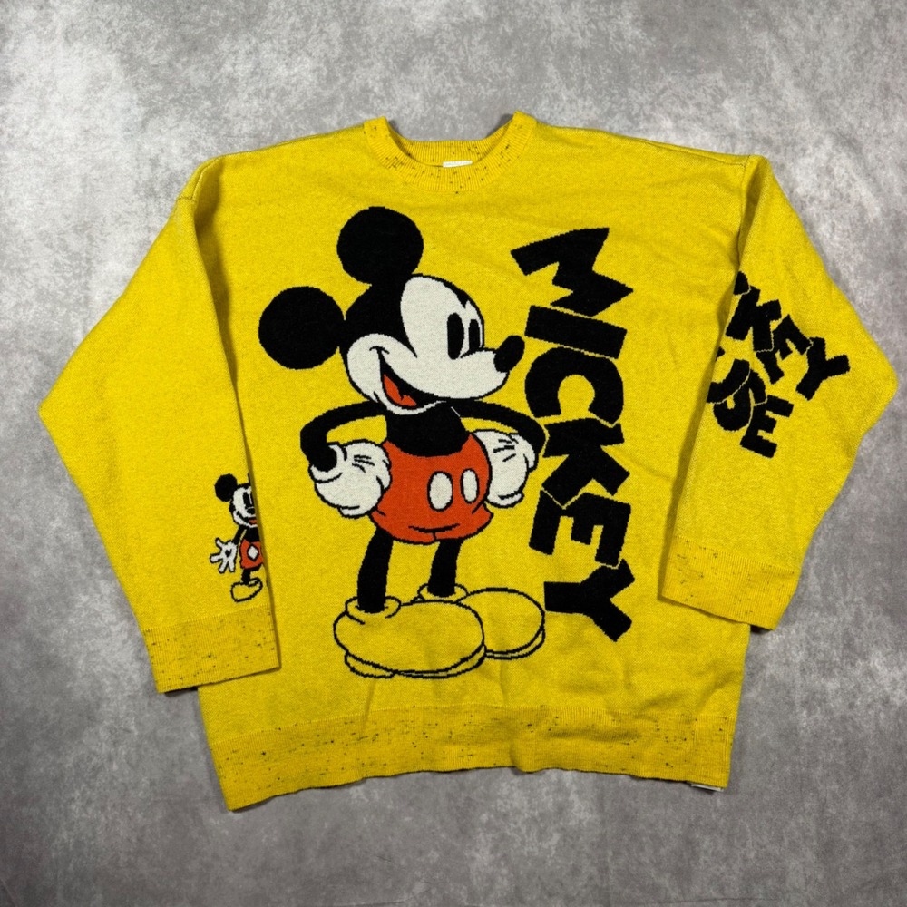 Disney Mickey Mouse Mens XL Yellow Knit Sweater Character Graphic Pullover